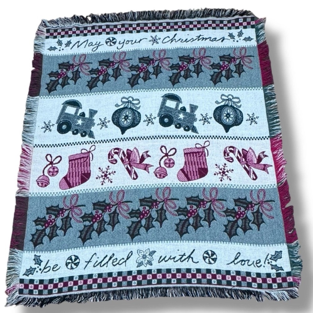 Tapestry Blanket Christmas Stocking Holly Candy Cane Ornament Bells Train 56x43